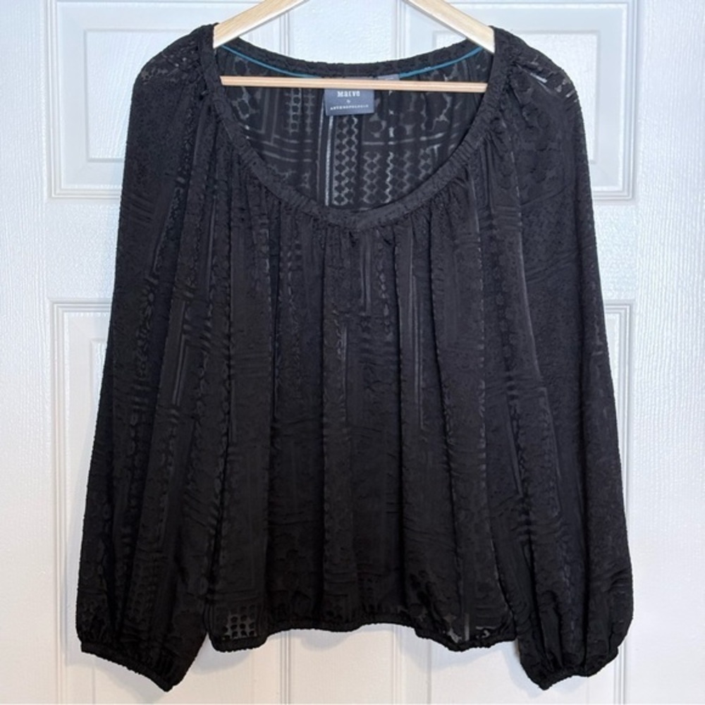 Anthropologie Maeve OB1095789 Burnout Blouson Long Sleeve Black Blouse Top Med